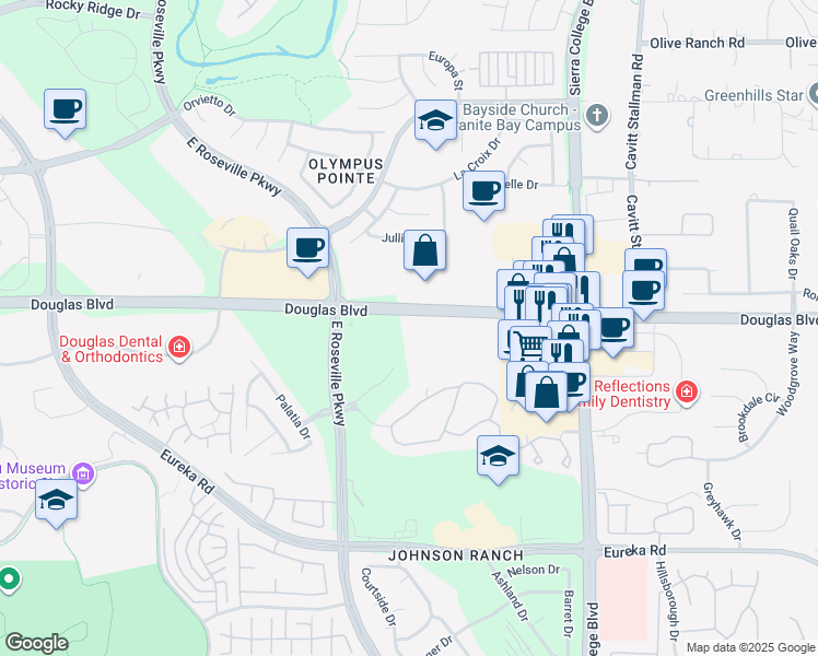 map of restaurants, bars, coffee shops, grocery stores, and more near 3300 Douglas Boulevard in Roseville
