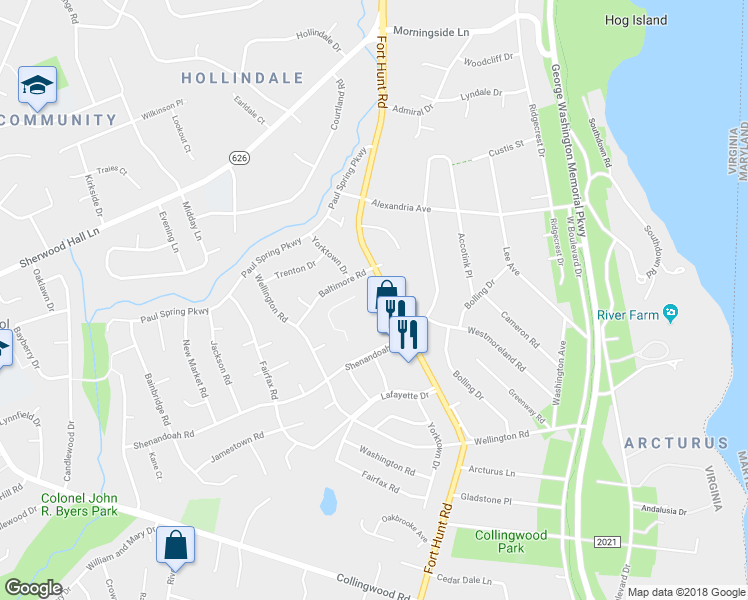 map of restaurants, bars, coffee shops, grocery stores, and more near 7900 Fort Hunt Road in Alexandria