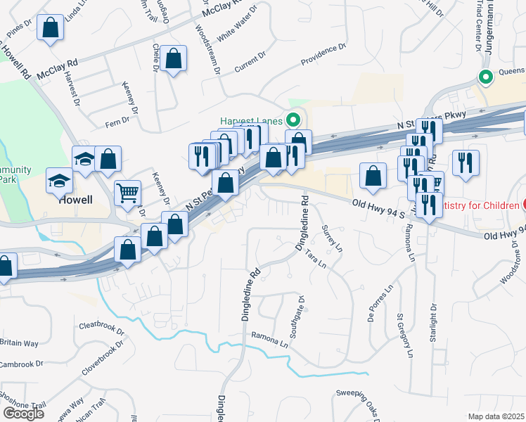 map of restaurants, bars, coffee shops, grocery stores, and more near 36 Cedar Grove Court in Saint Charles