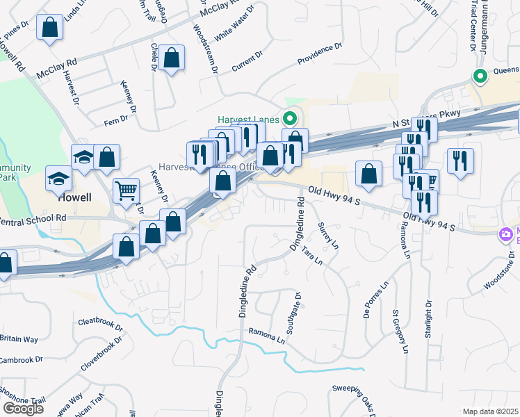 map of restaurants, bars, coffee shops, grocery stores, and more near 36 Cedar Grove Court in Saint Charles