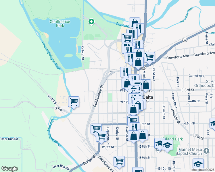 map of restaurants, bars, coffee shops, grocery stores, and more near 421 West 3rd Street in Delta