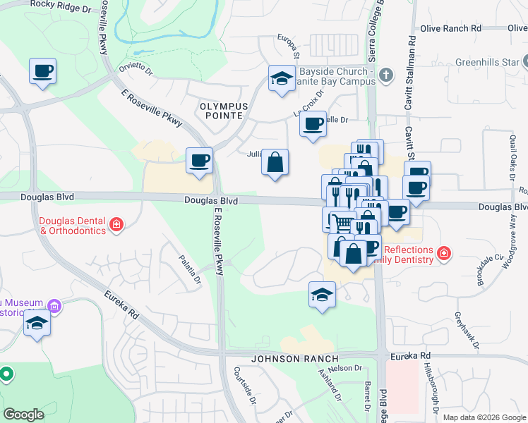 map of restaurants, bars, coffee shops, grocery stores, and more near 3300 Douglas Boulevard in Roseville