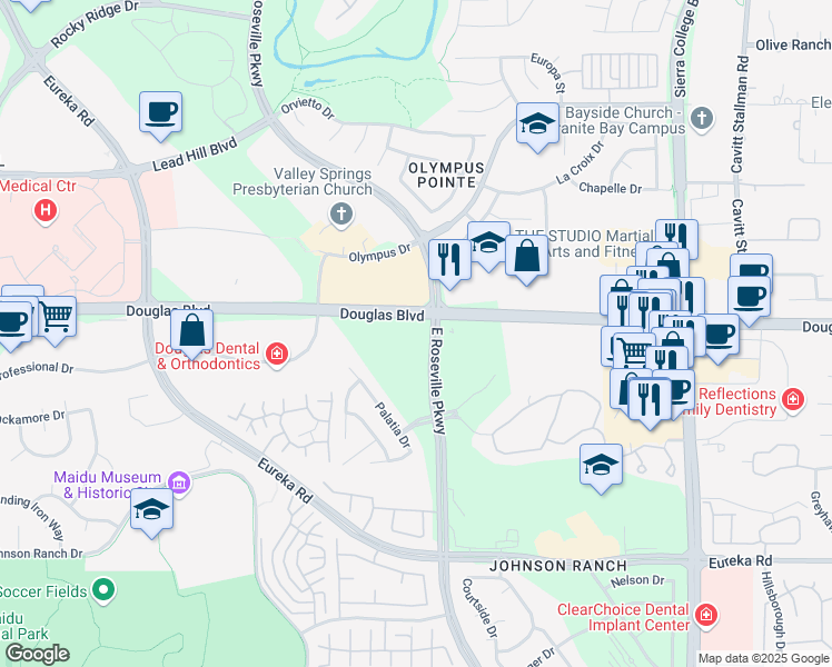 map of restaurants, bars, coffee shops, grocery stores, and more near 2998 Douglas Boulevard in Roseville