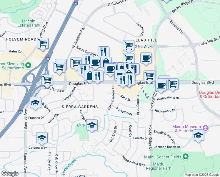 map of restaurants, bars, coffee shops, grocery stores, and more near 202 Kent Place in Roseville
