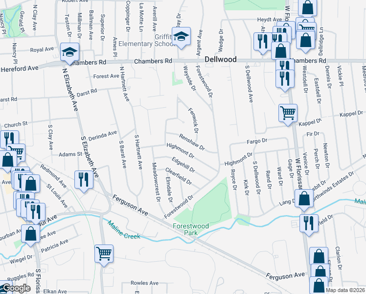 map of restaurants, bars, coffee shops, grocery stores, and more near 1024 Highmont Drive in Ferguson