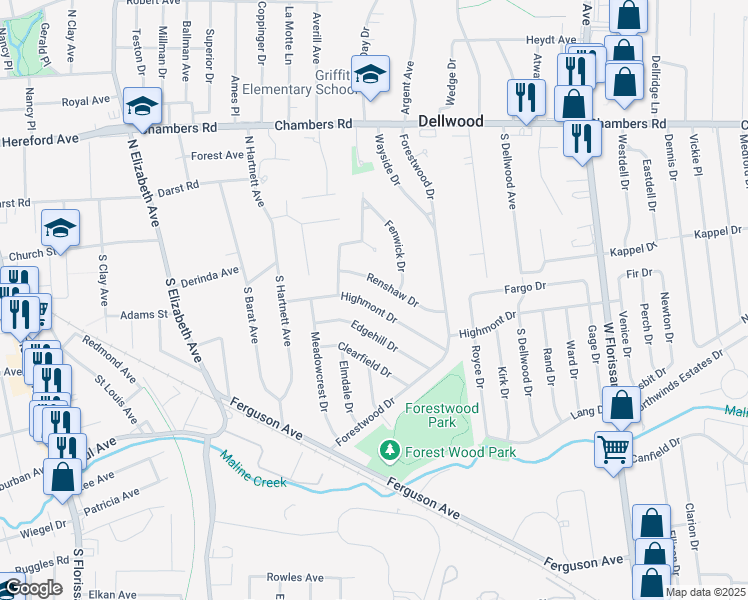 map of restaurants, bars, coffee shops, grocery stores, and more near 1024 Highmont Drive in Ferguson