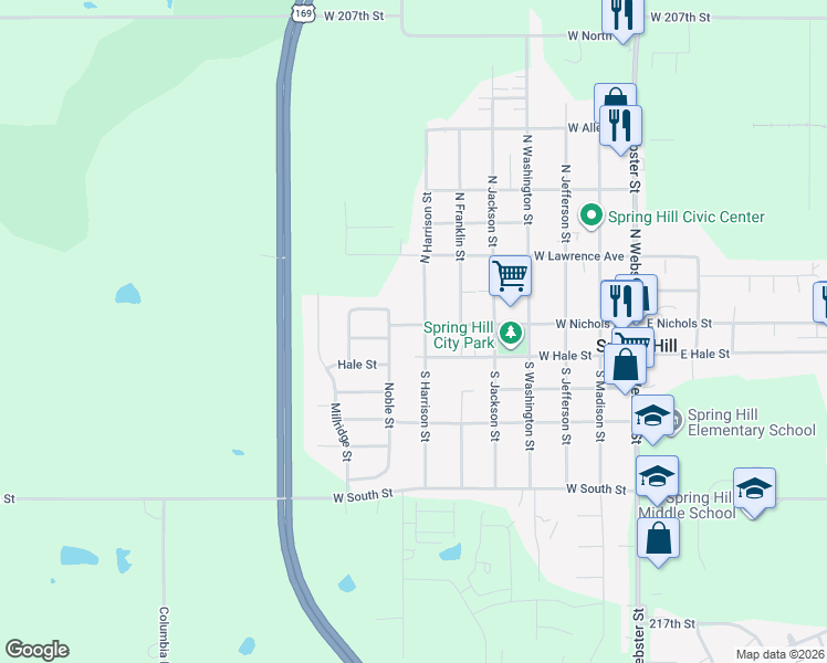 map of restaurants, bars, coffee shops, grocery stores, and more near 21091 Noble Street in Spring Hill