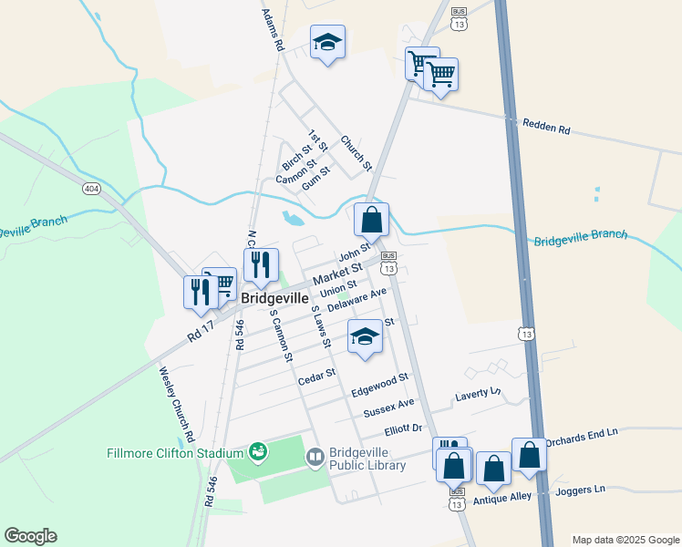 map of restaurants, bars, coffee shops, grocery stores, and more near 102 Williams Street in Bridgeville