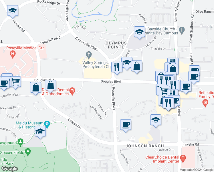 map of restaurants, bars, coffee shops, grocery stores, and more near 2998 Douglas Boulevard in Roseville