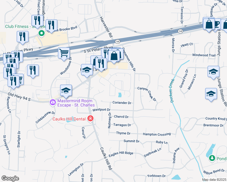map of restaurants, bars, coffee shops, grocery stores, and more near 1368 Summergate Parkway in Saint Charles