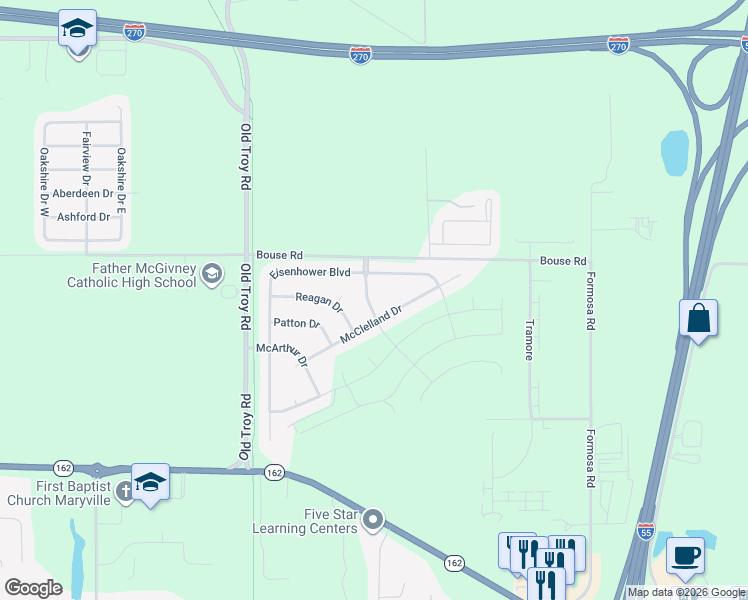 map of restaurants, bars, coffee shops, grocery stores, and more near 409 Chamberlain Drive in Troy