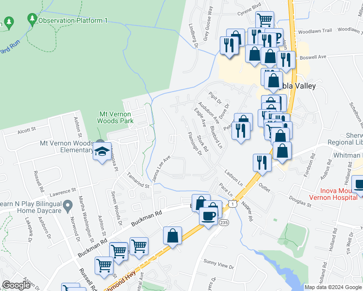 map of restaurants, bars, coffee shops, grocery stores, and more near 7945 Janna Lee Avenue in Alexandria