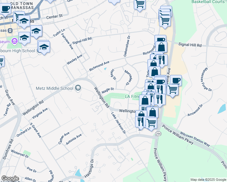 map of restaurants, bars, coffee shops, grocery stores, and more near 8683 Nagle Street in Manassas