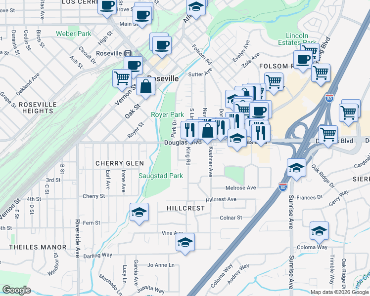 map of restaurants, bars, coffee shops, grocery stores, and more near 104 King Road in Roseville
