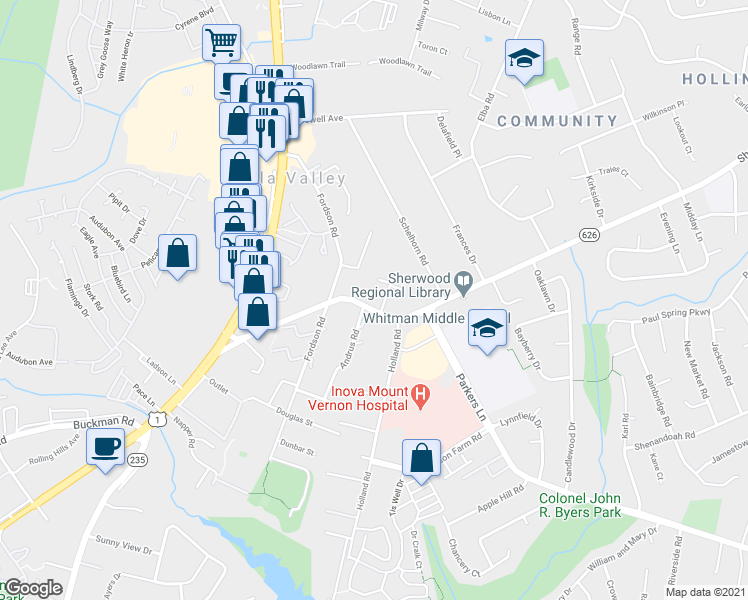 map of restaurants, bars, coffee shops, grocery stores, and more near 2728 Sherwood Hall Lane in Alexandria