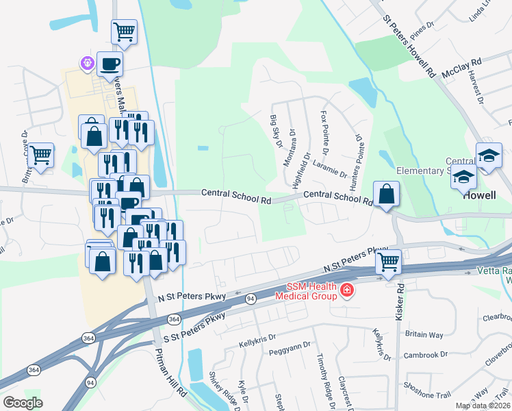 map of restaurants, bars, coffee shops, grocery stores, and more near 4750 Central School Road in Saint Charles