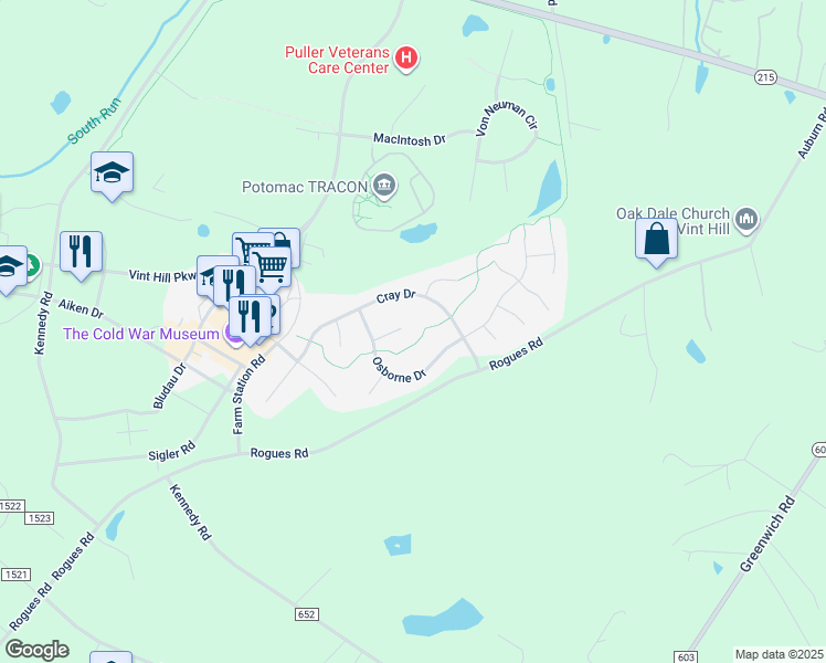 map of restaurants, bars, coffee shops, grocery stores, and more near 4053 Shrayer Court in Warrenton