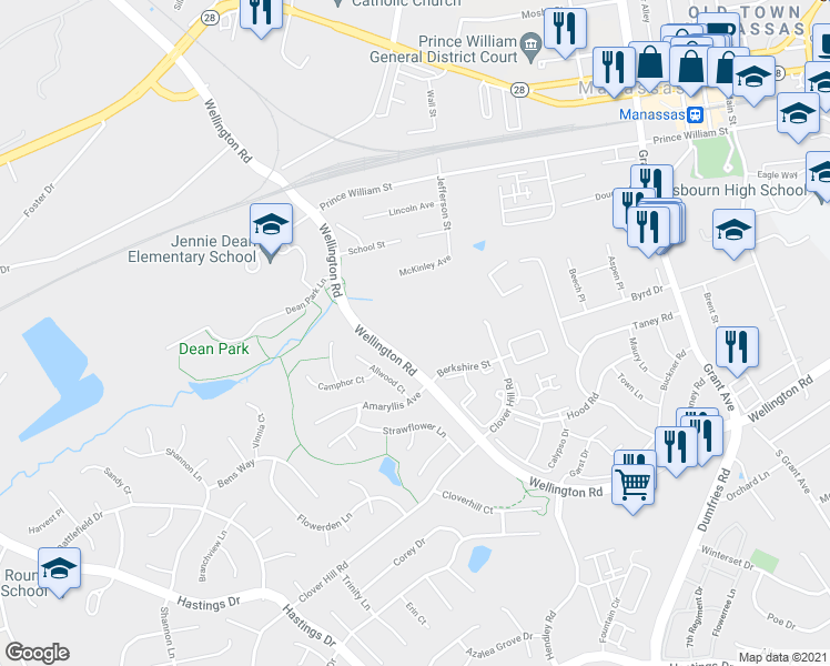 map of restaurants, bars, coffee shops, grocery stores, and more near 9596 Buttonbush Court in Manassas