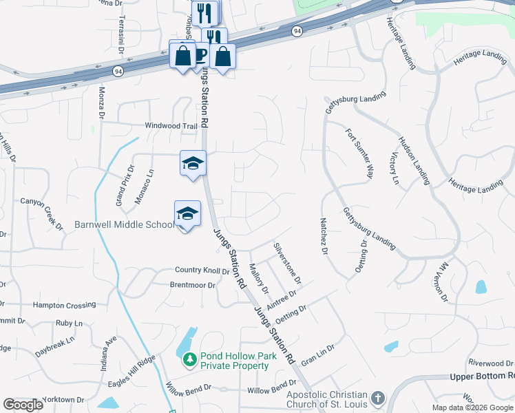 map of restaurants, bars, coffee shops, grocery stores, and more near 3035 Plum Creek Drive in St. Peters