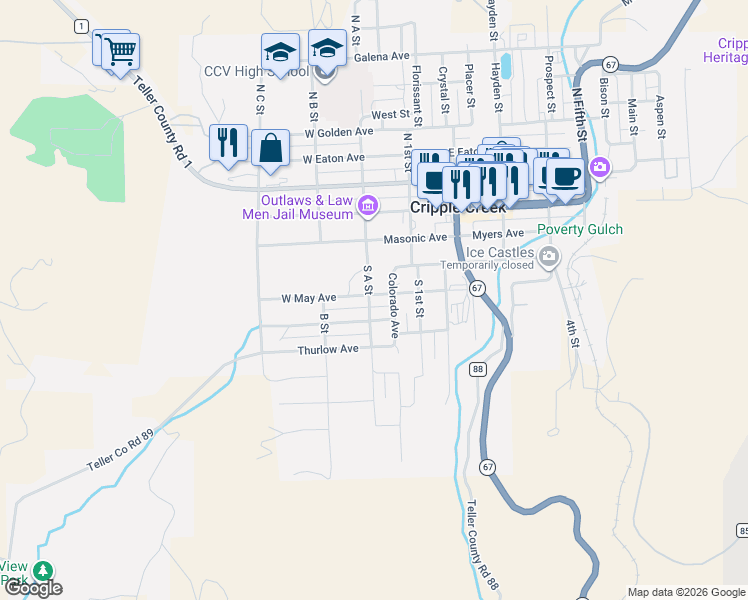 map of restaurants, bars, coffee shops, grocery stores, and more near 130 East May Avenue in Cripple Creek