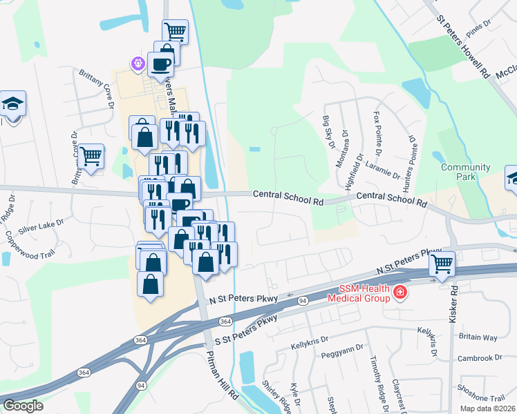 map of restaurants, bars, coffee shops, grocery stores, and more near 14 Willow Way in Saint Charles