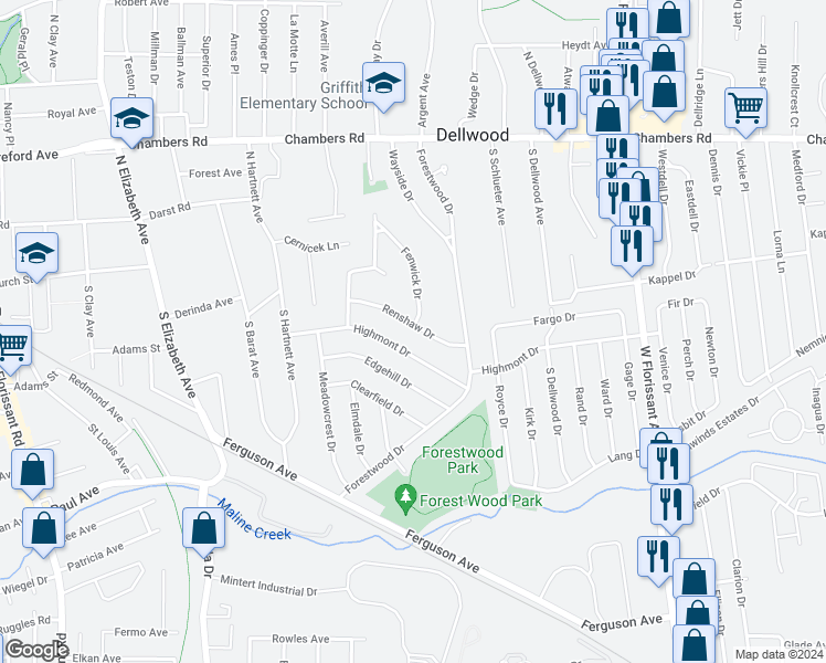map of restaurants, bars, coffee shops, grocery stores, and more near 1060 Renshaw Drive in Ferguson