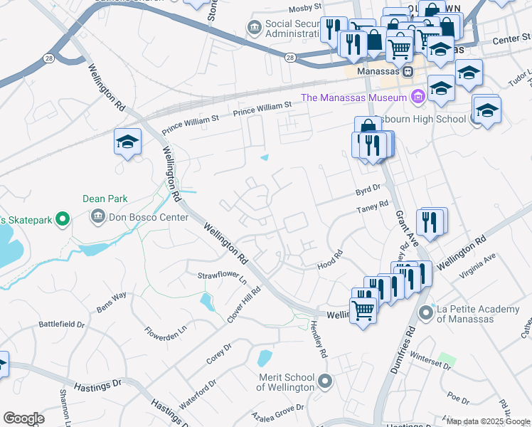 map of restaurants, bars, coffee shops, grocery stores, and more near 9301 Gooseberry Drive in Manassas