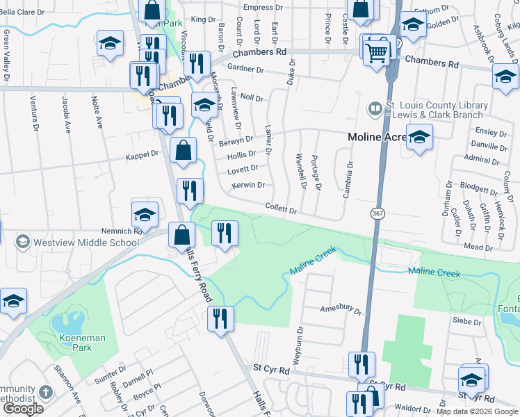 map of restaurants, bars, coffee shops, grocery stores, and more near 2240 Collett Drive in St. Louis