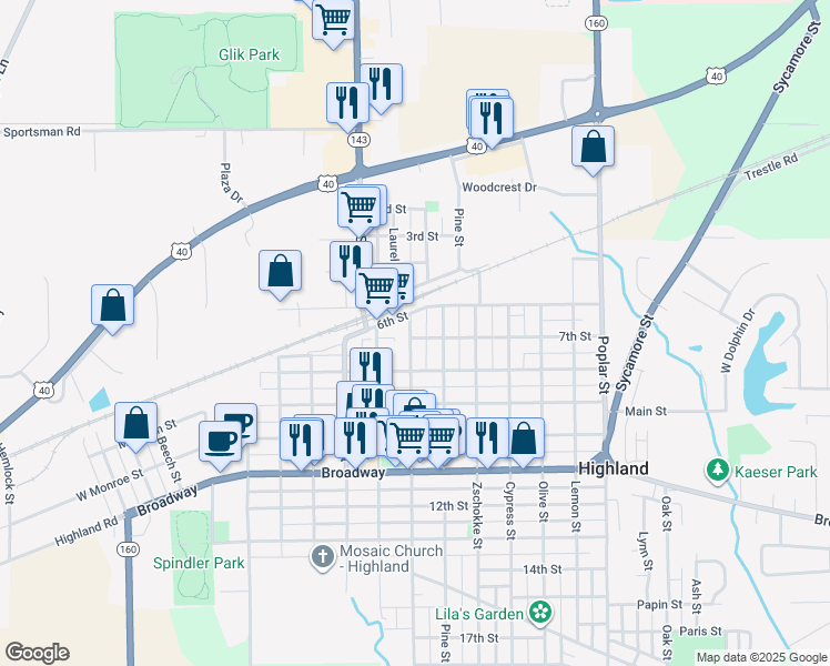 map of restaurants, bars, coffee shops, grocery stores, and more near 623 Washington Street in Highland