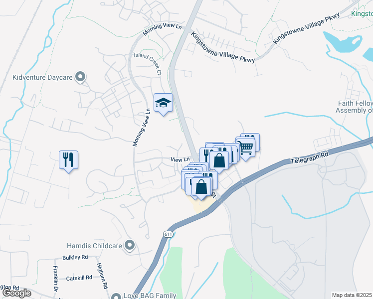 map of restaurants, bars, coffee shops, grocery stores, and more near 7809 Morning Glen Lane in Alexandria