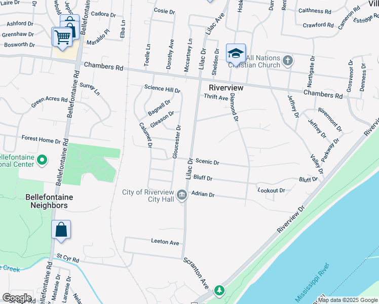 map of restaurants, bars, coffee shops, grocery stores, and more near 9809 Lilac Drive in St. Louis