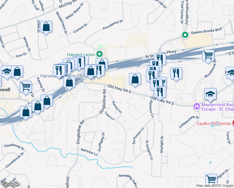 map of restaurants, bars, coffee shops, grocery stores, and more near 134 Country Trace Court in St. Peters