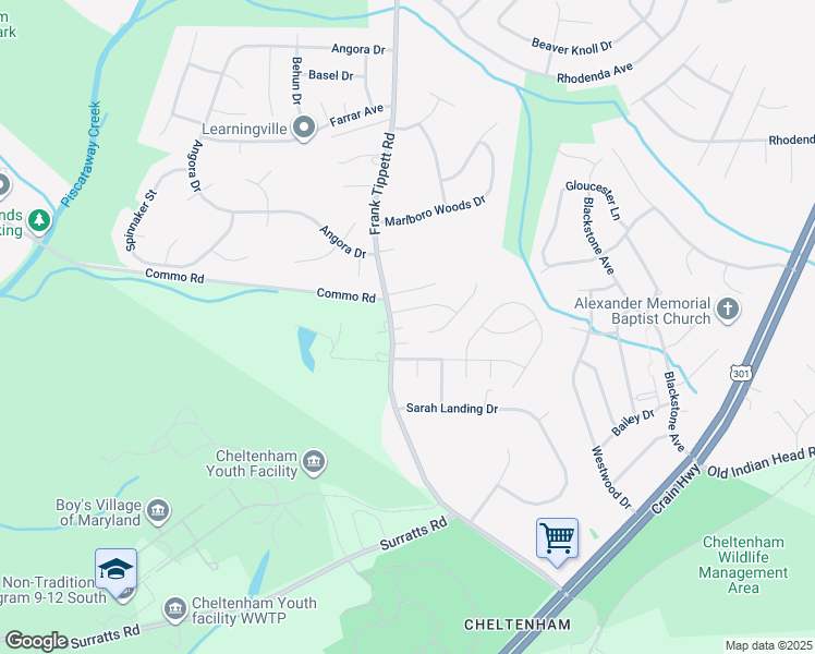 map of restaurants, bars, coffee shops, grocery stores, and more near 10606 Frank Tippett Road in Cheltenham