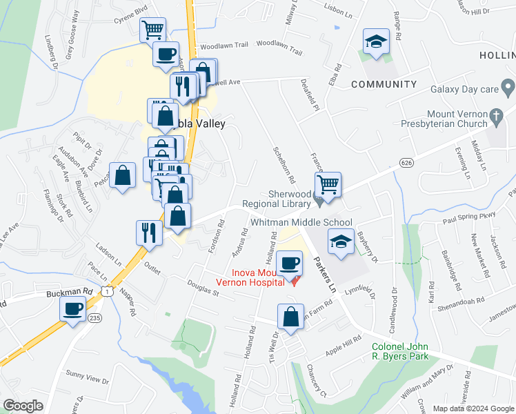 map of restaurants, bars, coffee shops, grocery stores, and more near 2728 Sherwood Hall Lane in Alexandria