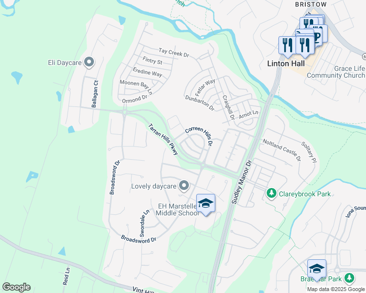 map of restaurants, bars, coffee shops, grocery stores, and more near 9857 Earls Ferry Circle in Bristow