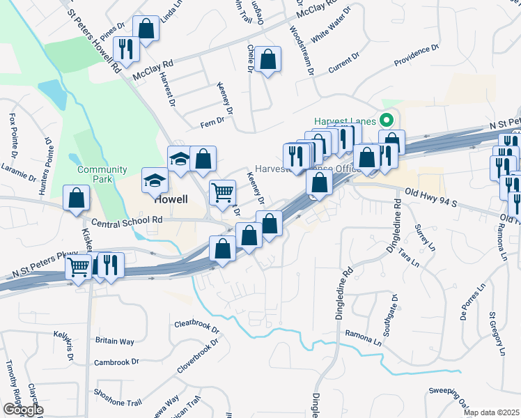 map of restaurants, bars, coffee shops, grocery stores, and more near 108 Harvest Drive in Saint Charles