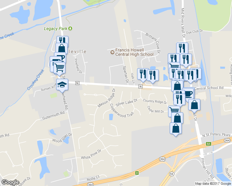 map of restaurants, bars, coffee shops, grocery stores, and more near 456 Mason Ridge Drive in Saint Charles