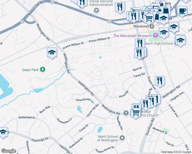 map of restaurants, bars, coffee shops, grocery stores, and more near 9320 Witch Hazel Way in Manassas