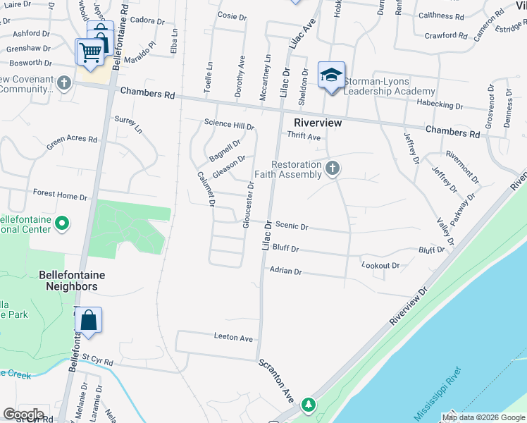 map of restaurants, bars, coffee shops, grocery stores, and more near 9811 Lilac Drive in St. Louis