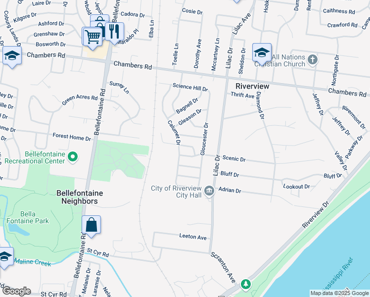 map of restaurants, bars, coffee shops, grocery stores, and more near 612 Kelvin Drive in St. Louis