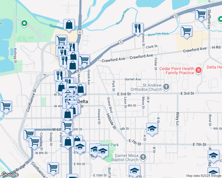 map of restaurants, bars, coffee shops, grocery stores, and more near 249 Park Street in Delta