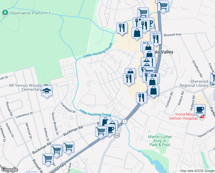 map of restaurants, bars, coffee shops, grocery stores, and more near 7909 Stork Road in Alexandria