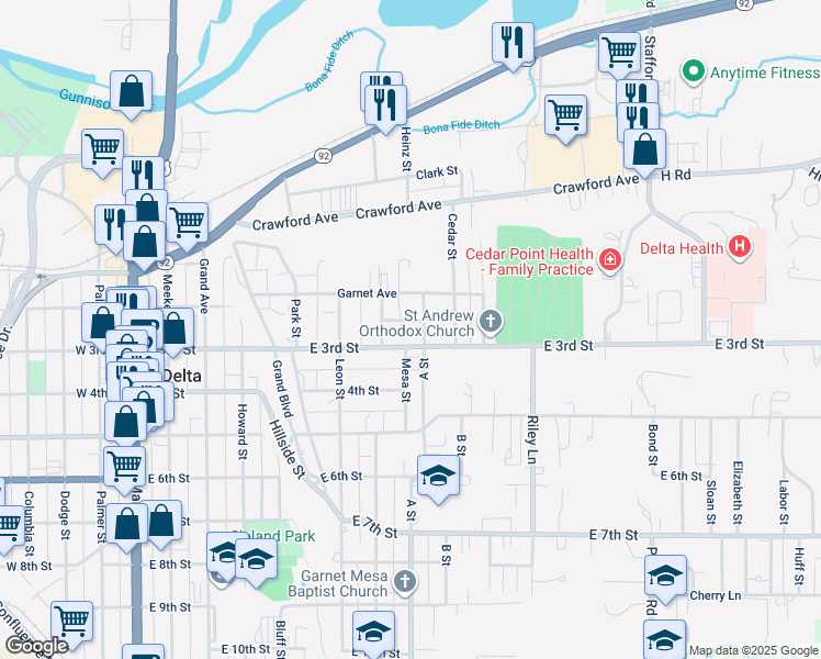 map of restaurants, bars, coffee shops, grocery stores, and more near 857 E 3rd St in Delta