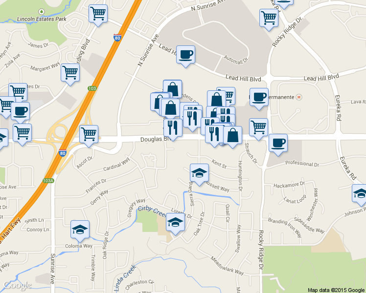 map of restaurants, bars, coffee shops, grocery stores, and more near 202 Kent Place in Roseville