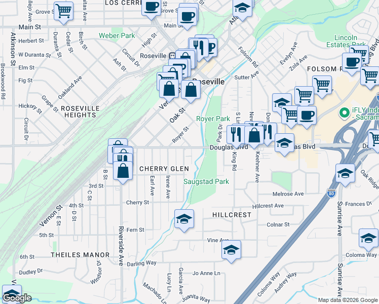 map of restaurants, bars, coffee shops, grocery stores, and more near 108 Willow Avenue in Roseville