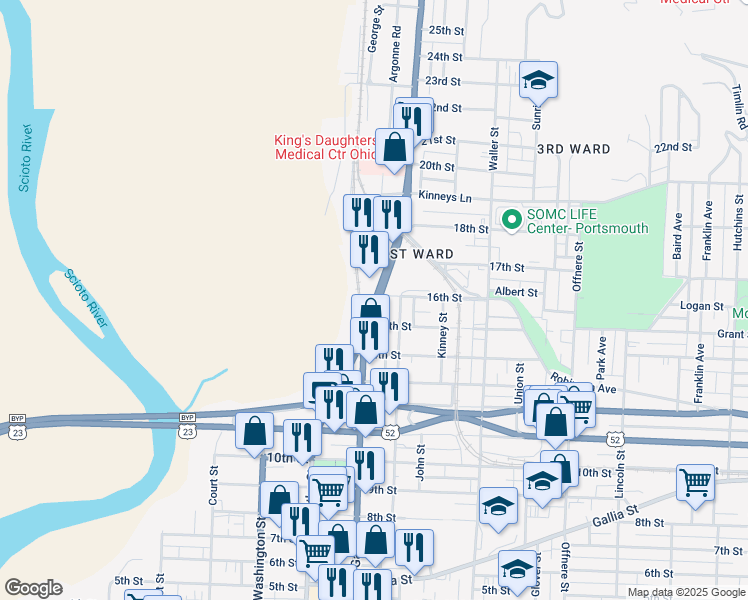 map of restaurants, bars, coffee shops, grocery stores, and more near 1525 Chillicothe Street in Portsmouth