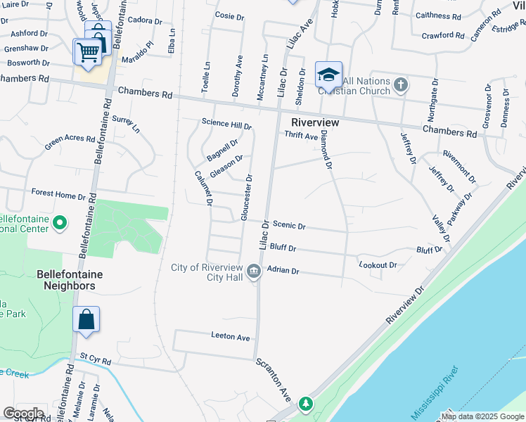 map of restaurants, bars, coffee shops, grocery stores, and more near 9809 Lilac Drive in St. Louis