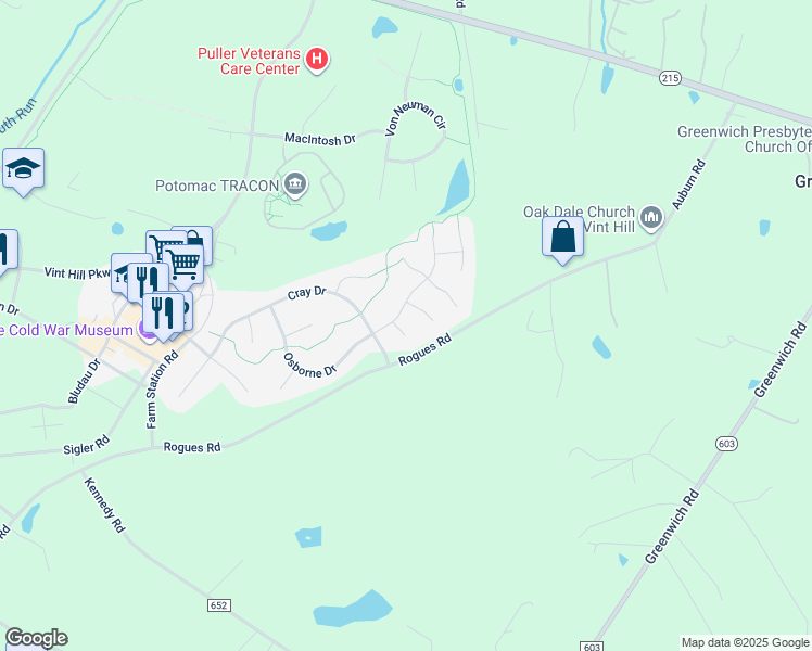 map of restaurants, bars, coffee shops, grocery stores, and more near 3602 Mauchley Court in Warrenton