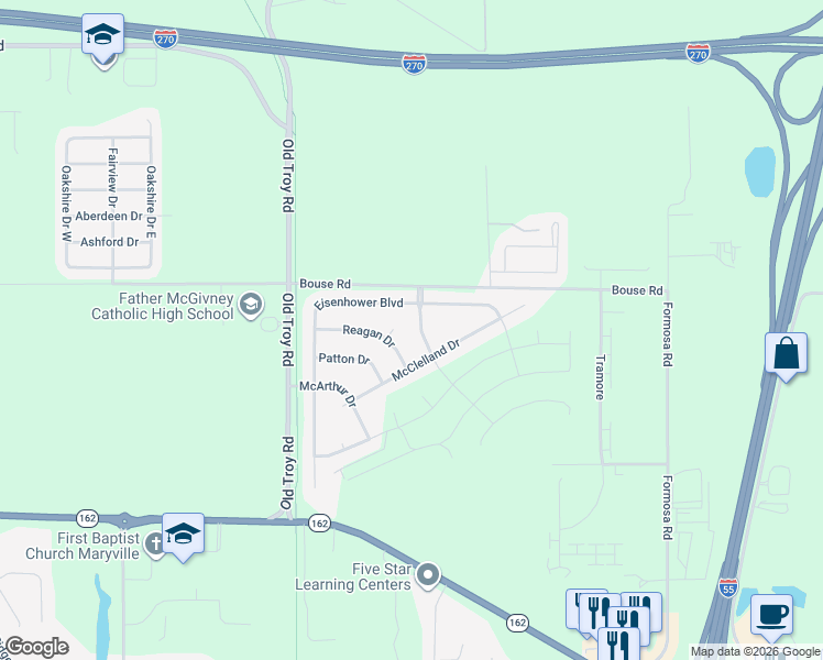 map of restaurants, bars, coffee shops, grocery stores, and more near 409 Chamberlain Drive in Troy