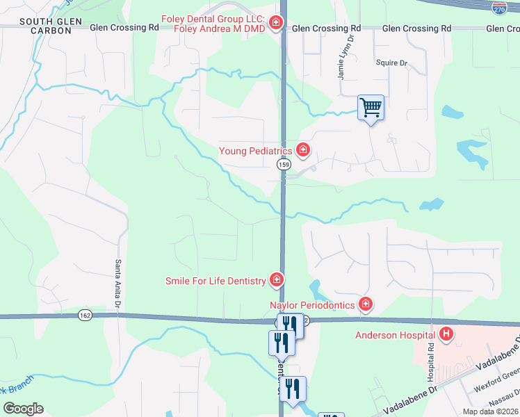 map of restaurants, bars, coffee shops, grocery stores, and more near 2 Lou Juan Drive in Glen Carbon